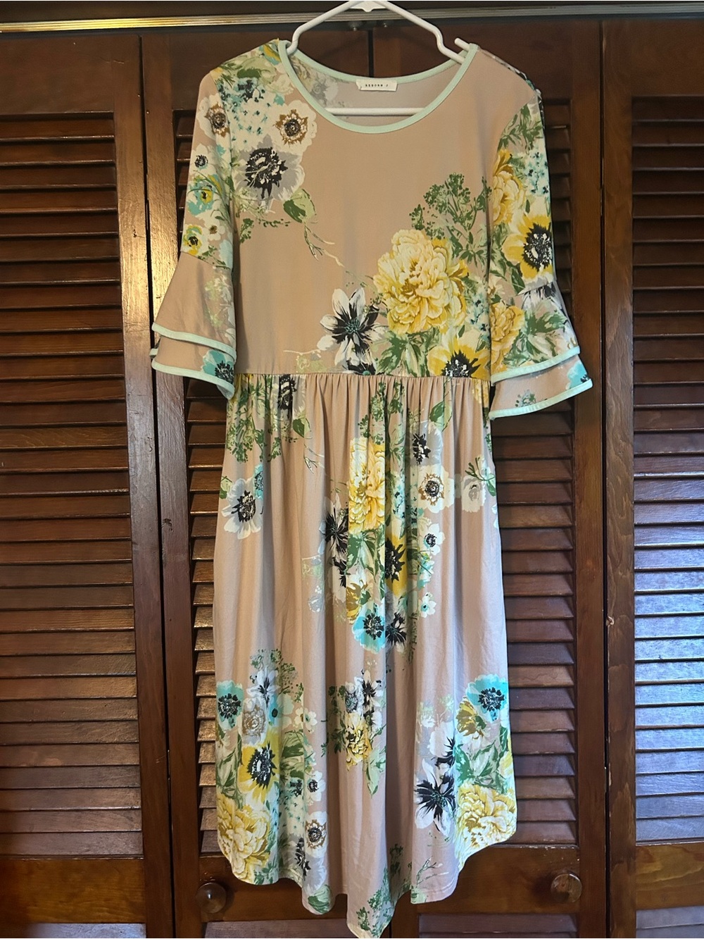 Reborn J Taupe Floral Midi Dress with Yellow & Teal Accents